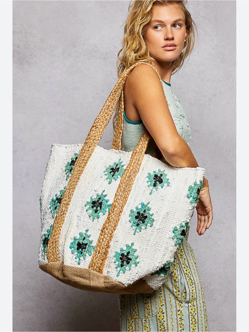 POL Coastal Bloom Woven Jute Cotton Weave Beach Tote Bag
